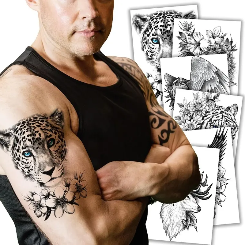6 Sheets Tribal Style Temporary Tattoos, Arm Temporary Tattoos, Waterproof 3D Lion Tiger Leopard Bird Deer Designs, Realistic Animal Floral Tattoo Stickers