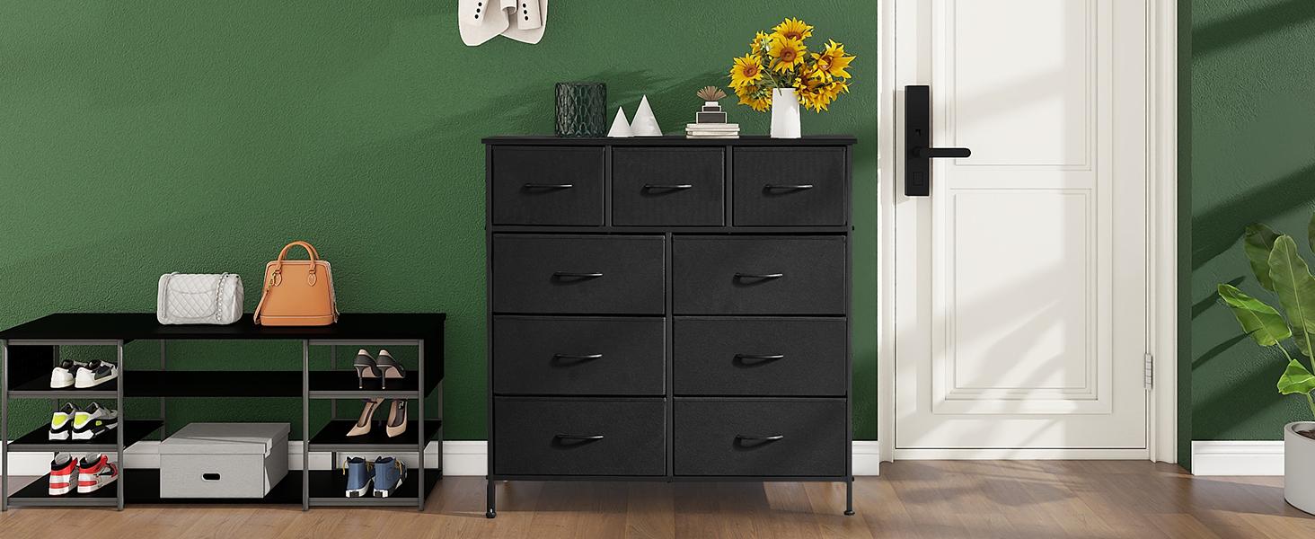 Dresser for Bedroom with 9 Drawers, Clothes Drawer Fabric Closet Organizer Cabinet, Large Chest Storage Tower with Metal Frame and Wood Tabletop