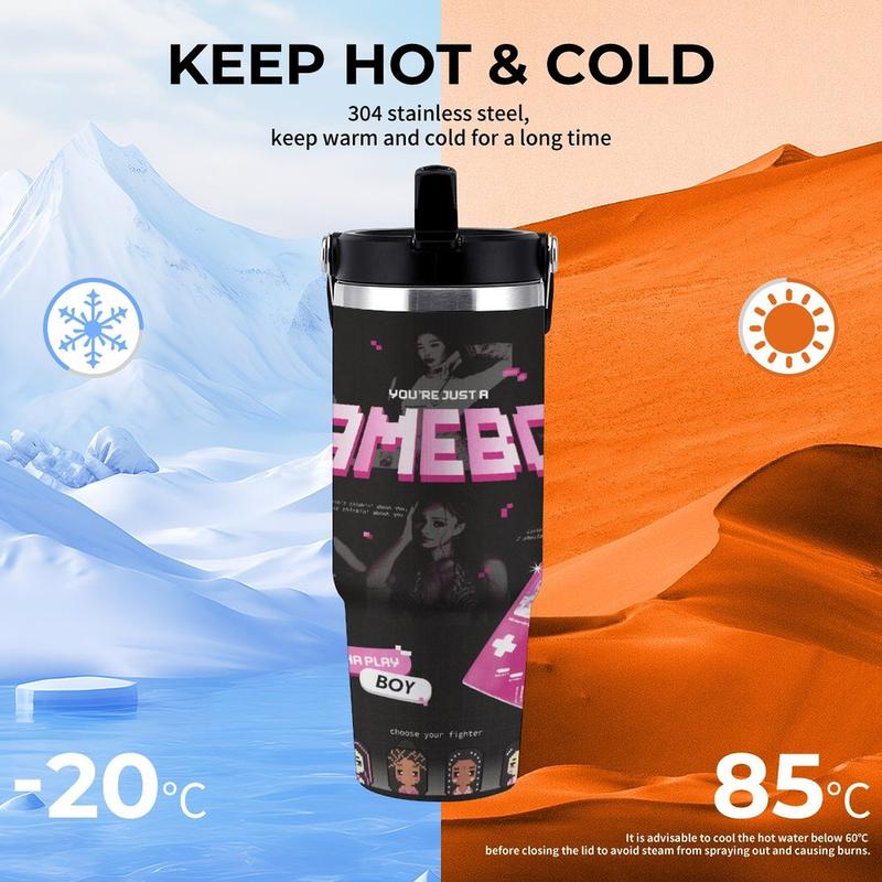 KATSEYE "GAMEBOY" Pixel Lyric 30oz Insulated Tumbler K-Pop Fan Car Cup Double-Walled Vacuum Stainless Steel Leakproof Lid Portable Design Iconic Retro Style