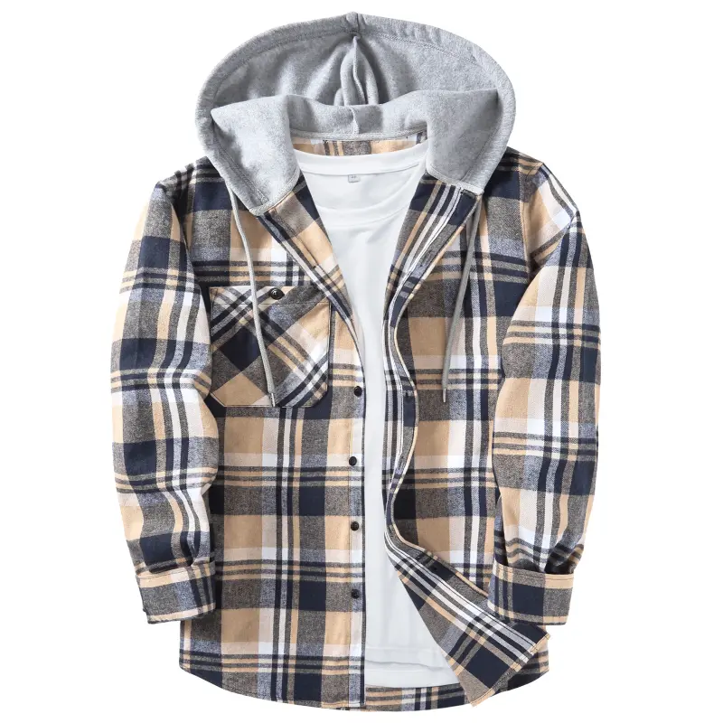 ZITY Men's Big & Tall Plaid Flannel Hooded Long-Sleeve Shirt-Jacket - Button Front, Drawstring Hood, Flannel Fabric, Casual Top with Pockets, Soft Outdoor Wear for Streetwear, Office