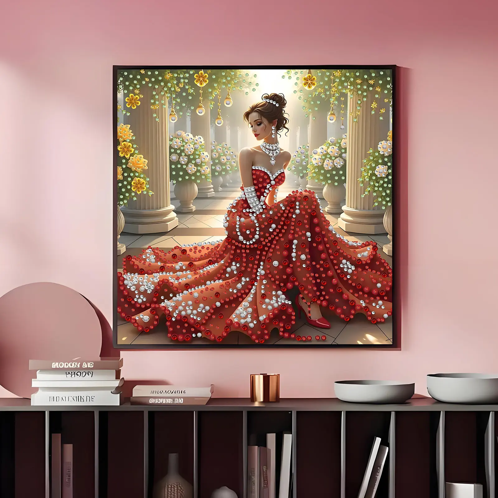 Special Shape Diamond Art Kits for Adults, Red Dress Beauty in The Hallway Pattern 5D Diamond Painting Kits for Beginner, Gem Art, Diamond Crystal Rhinestones Painting Kits, 11.8x11.8 in