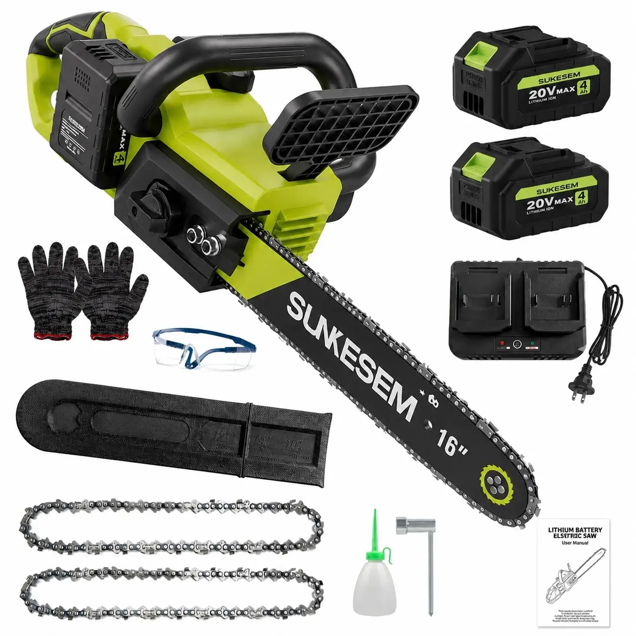 SUKESEM Powerful 16-Inch Cordless Brushless Chainsaw, 20V Battery-Powered Electric Saw with 2×4.0Ah Batteries, Charger, Auto Oiler, Tool-Free Chain Tension, Safety Lock for Tree Felling, Wood Cutting, Powerful Chainsaw, Multifunction Wood Chainsaw