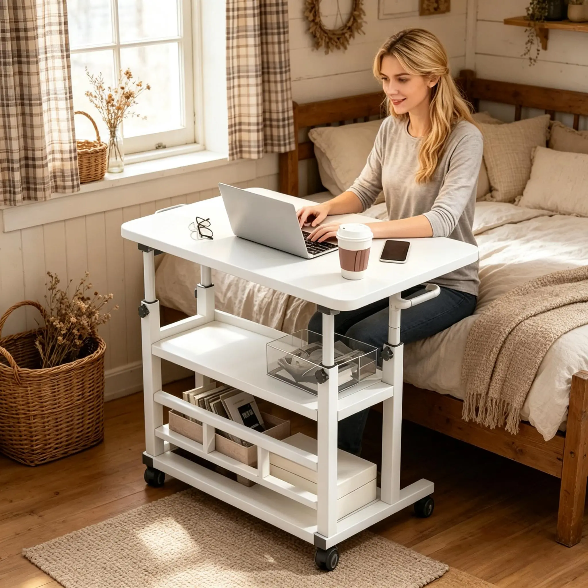 Adjustable Height Laptop Desk, Small Standing Desk on Wheels, Mobile Rolling Computer Table for Home Office, Portable Desk for Small Spaces, Bedroom & Living Room