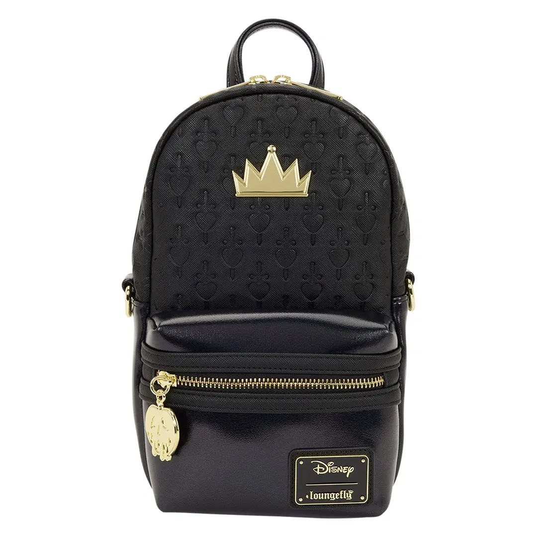 Women's Casual Chic Loungefly Disney Snow White Evil Queen Iridescent Debossed Graphic PU Leather Sling Crossbody Bag with Molded Metal Zipper, Swords, Sling Strap, Evil Queen Theme, Debossed Hearts, Crossbody Purse, Purses Crossbody Bag