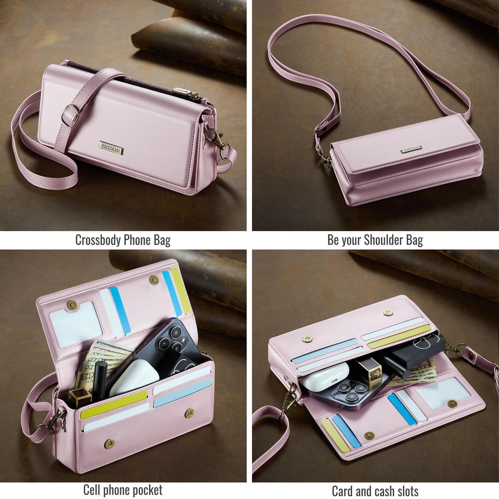 Crossbody Phone Wallet Women RFID Blocking Multi Card Slots with Detachable Wristlet Shoulder Strap Zipper Pocket