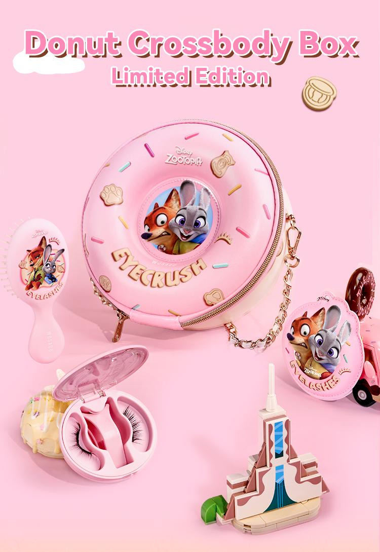 Wosado  Disney Donut Crossbody  Box Set Soft Magnetic Eyelashes All-in-One Box, Reusable, Glue-Free, Waterproof, Lightweight, Natural Style Makeup Cosmetic