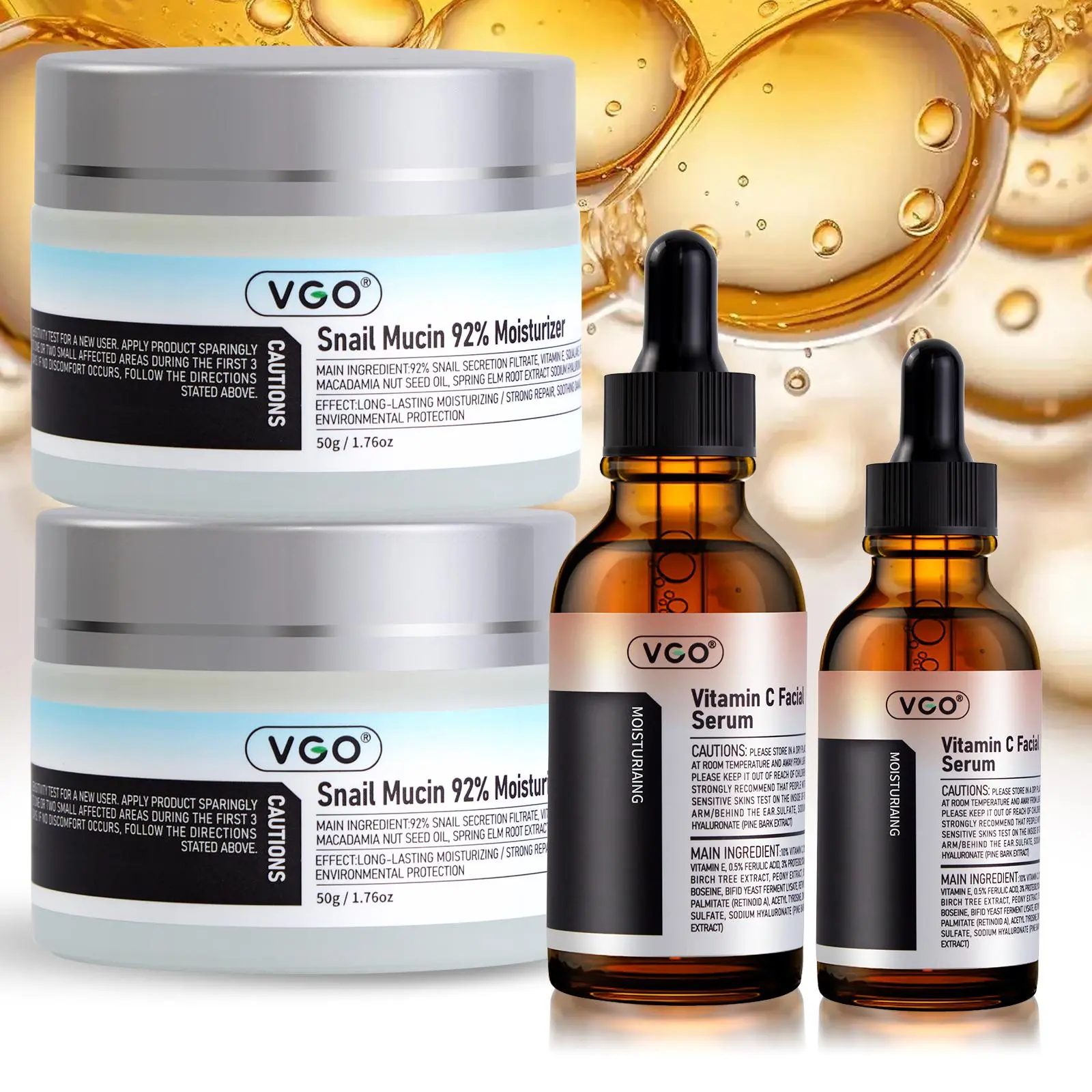 VGO Skincare Duo with 92% Snail Mucin Moisturizer & Vitamin C Serum - Hydrating, Non-Toxic Formula with Bamboo Charcoal for Skin Repair & Fading Fine Lines, For All Skin Types, Hydrate, Moisturizing,travel essentials, Hyaluronic Acid，wrinkle repair