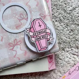 Pink Coffin Phone Grip Ah Finally Some Rest - Pastel Goth Acrylic Stand - Kawaii Spooky Casket Aesthetic Holder, Gothic Gift for Emo Girls and Teens