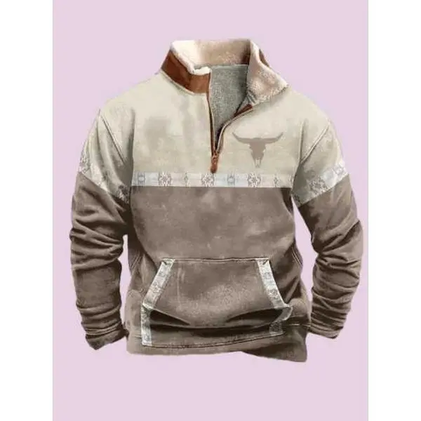 Men's Western Sweatshirt 1/4 Zip Vintage Ethnic Pattern Aztec Pullover Menswear Retro Hoodie Polyester