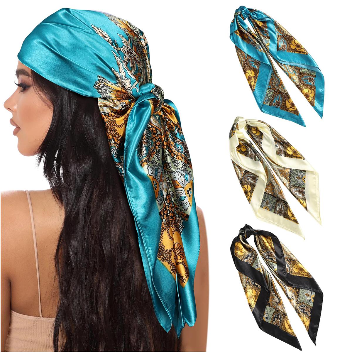 AWAYTR 3Pcs/Set 35” Large Square Head Scarf Summer Dating Travel Commuting Silk Feeling Bandana Scarf for Women Fashion Multifunction Hair Kerchief TikTokShopBlackFriday