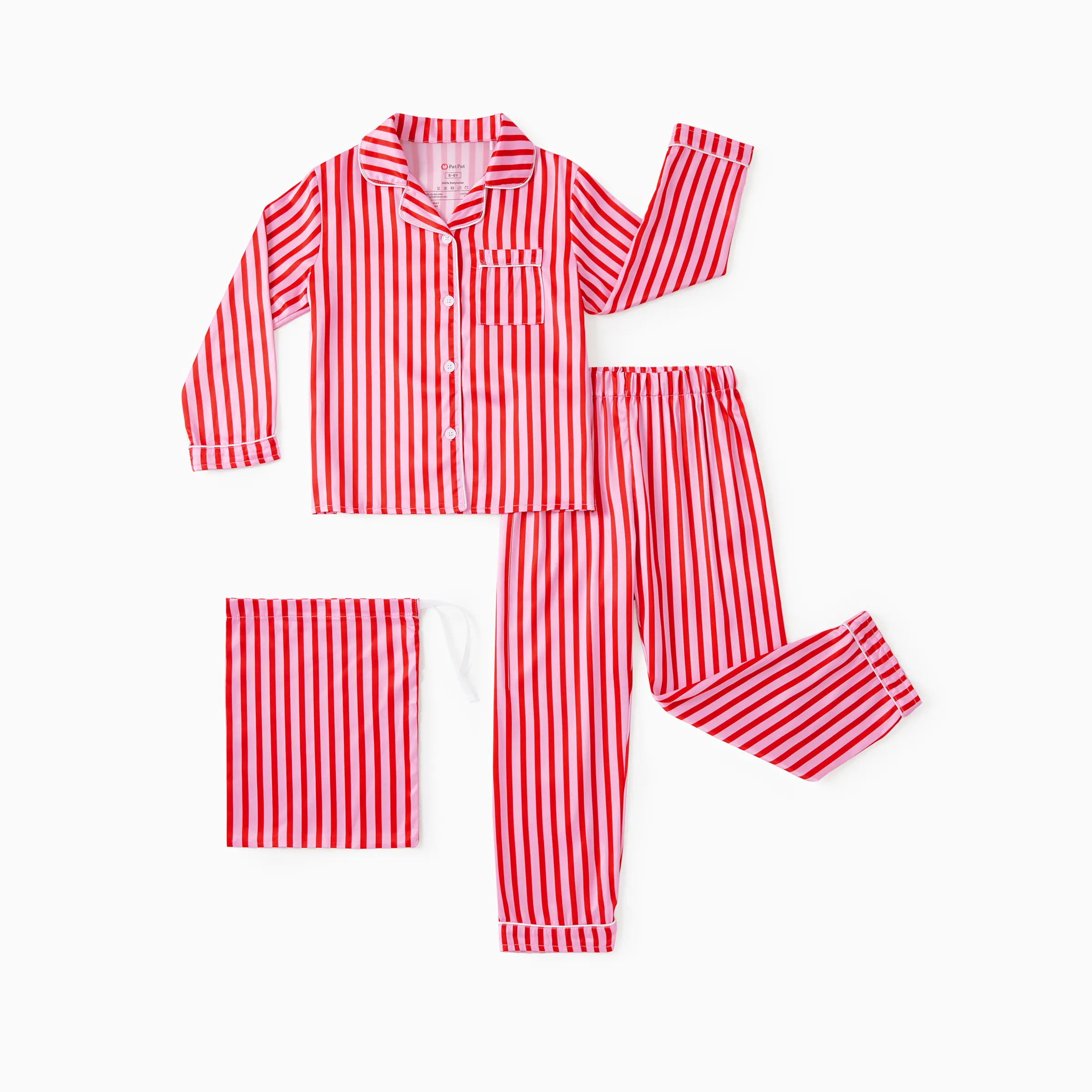 [LIVE Flash Sale] PatPat Stripe Button Down Pajama Set Long Sleeve Family Matching Sleepwear Red Pink Brown Green