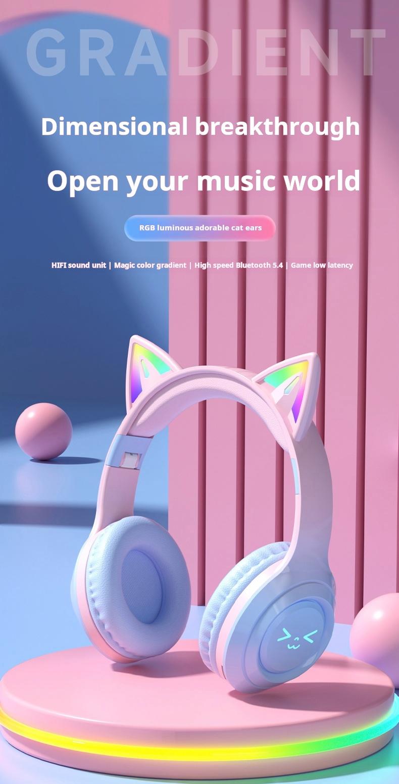 Wireless Bluetooth Cat Ear Headphones LED Light Up Foldable Over Ear with Built in Microphone Long Battery Life for Phone Tablet iPad Laptop Computer Cute Gift for Kids Teens and Adults