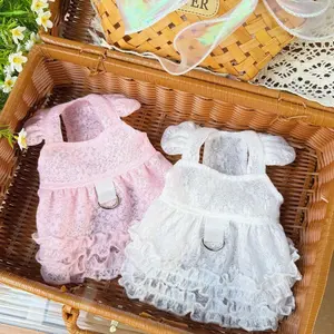 Pet Clothes Dog Cat Princess Mesh Dress Short Sleeve Lace Cute Breathable Summer With Leash Ring D00052