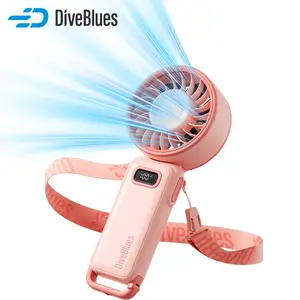 Diveblues Portable Handheld Fan with Lanyard, USB Rechargeable Small Fan with Adjustable 100 Speeds & LED Power Display, Foldable Personal Fan for Office Bedroom Outdoor Travel Camping