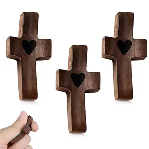 Wooden Pocket Cross 3 Pack, Handmade Walnut Cross Fidget Toy for Stress Relief, Christian Encouragement Gifts for Religious Men Women, Prayer Pal for Easter, Baptism, Communion