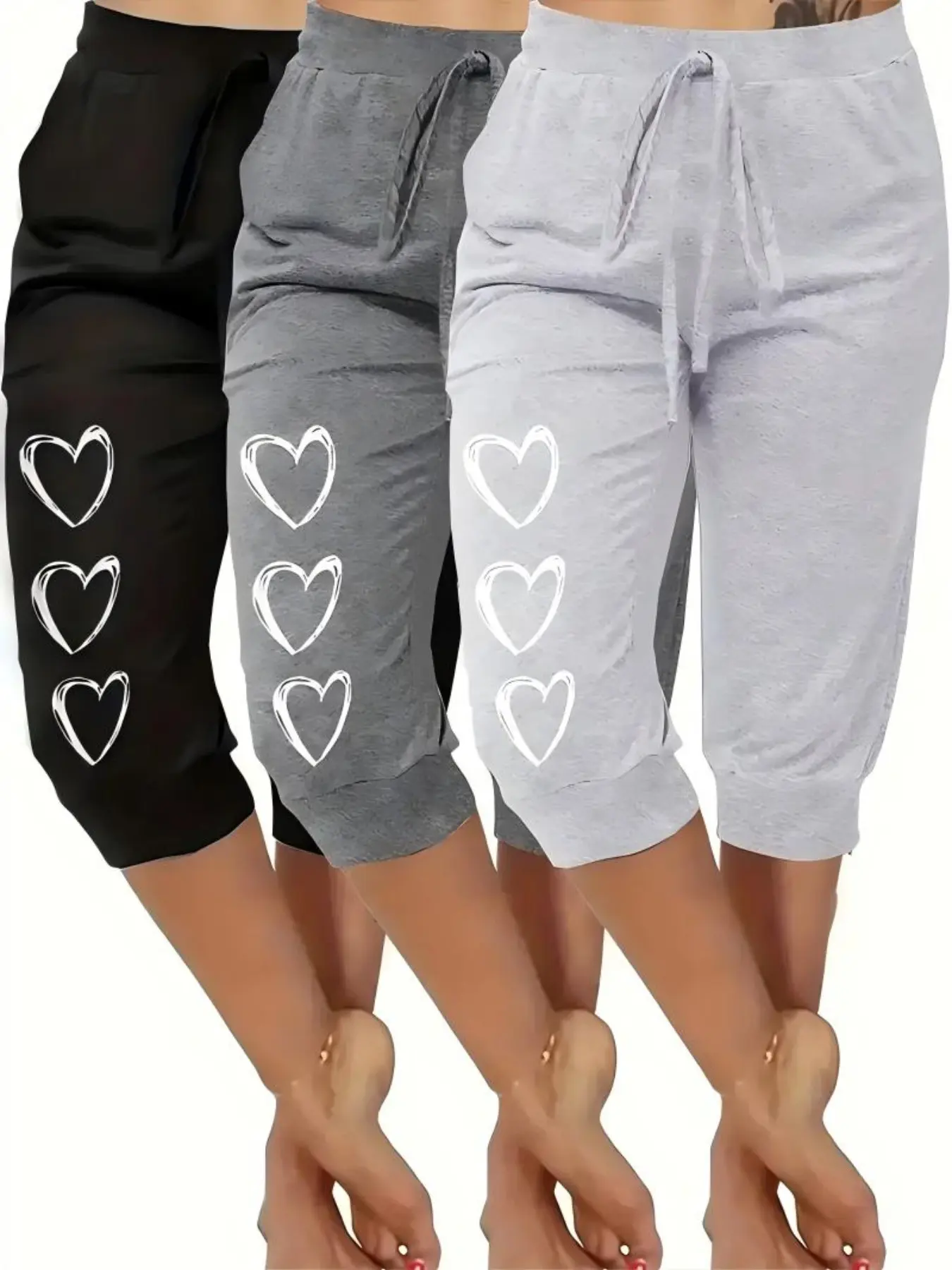 3-Pack Casual Everyday Loungewear Capri Pants Set, All Season Pants, Hollow Out Heart Print with Bow, Comfortable Soft Wear-Outside Home Pants, Stylish Aesthetic and Cozy