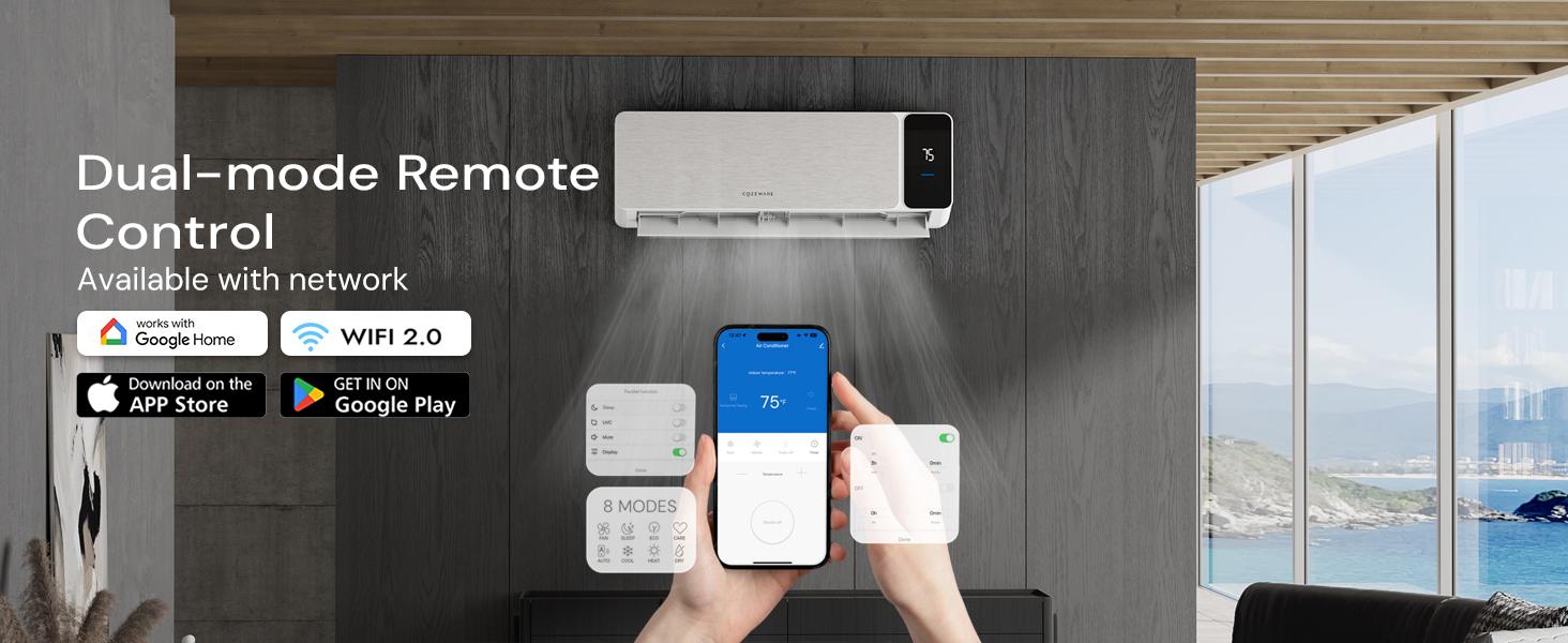 [12000 BTU] Cozeware 115V/230V Mini Split Air Conditioner Heat Pump, 20 SEER2 Inverter Mini Split, Compatible with Wifi and Alexa, Cools Up to 750 Sq.Ft for Living Room, Bedroom, Study, Loft, Garage