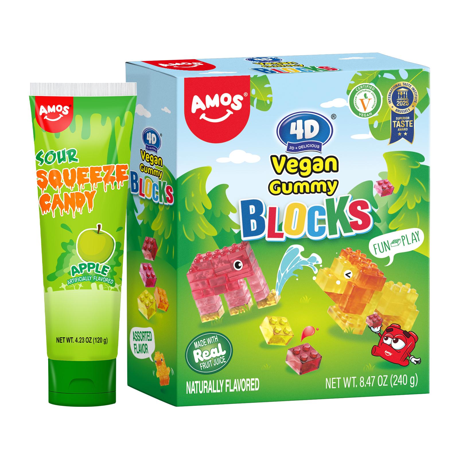 AMOS Sour Squeeze Candy – Blueberry / Strawberry / Apple – 4.23oz (120g) – Fun Squeezable Gel Candy for Kids – Artificially Flavored