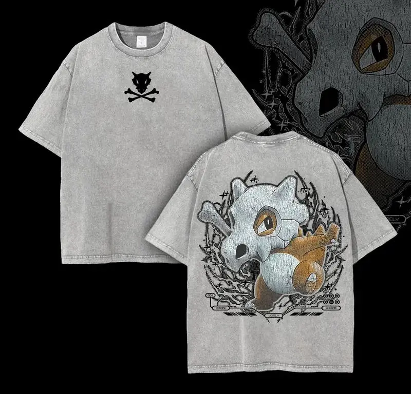 Pocket Monsters "Cubone" Vintage Unisex Oversize Anime Manga Acid Washed Heavyweight Cotton T-shirt for Fans Washed Streetwear Shirt t shirt soft cotton  vintage streetwear unisex t-shirt   washed tees for Men and Women