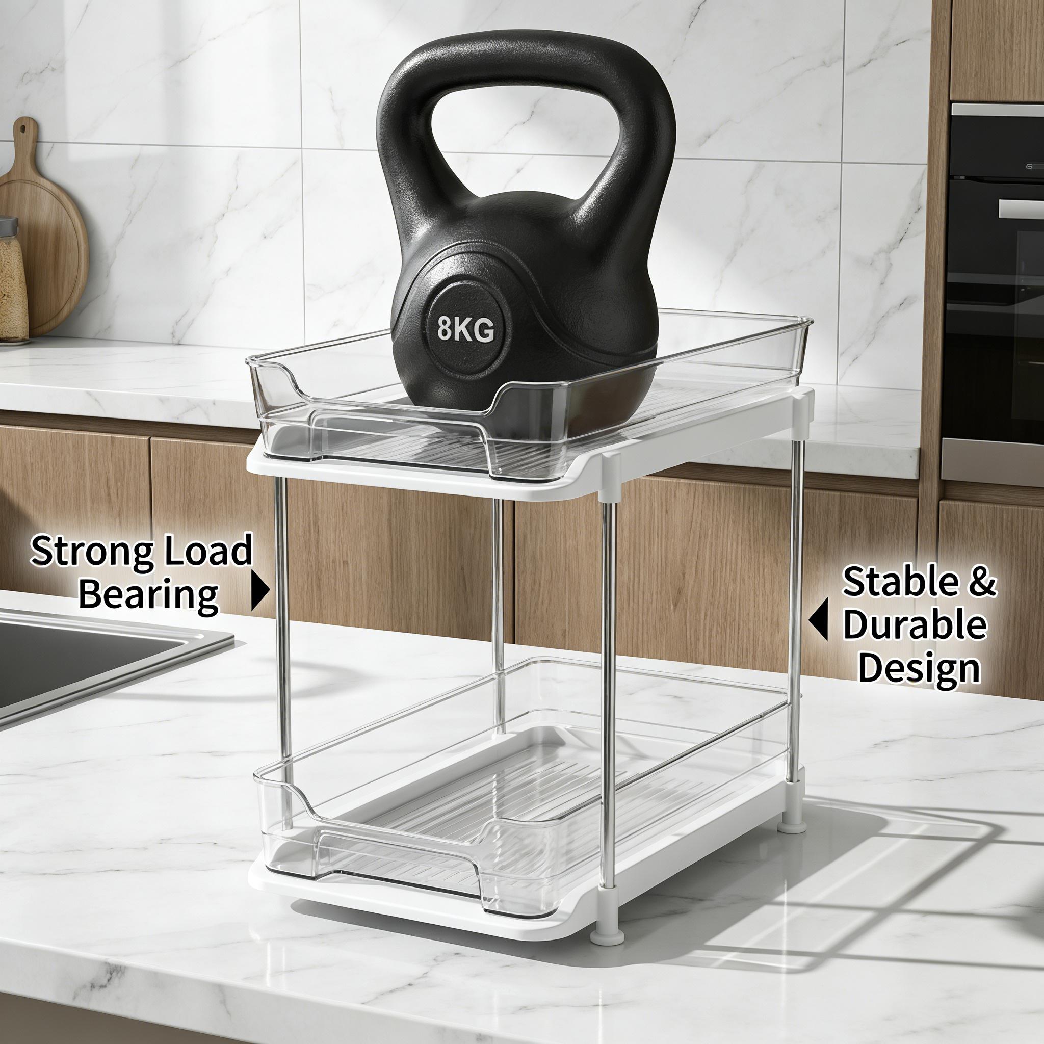 UFORU Two-Tier Multifunctional Under-Cabinet Bathroom Storage Rack, Stackable Kitchen Organizer System with Adjustable Dividers & Pull-Out Medicine Box for Efficient Bathroom Supplies Storage