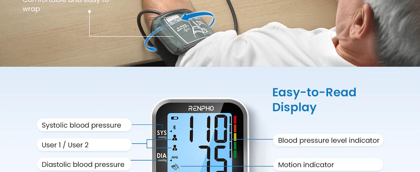 RENPHO Smart Bluetooth Blood Pressure Monitor with Free App Sync, Dual-User Memory and Irregular Heartbeat Alert
