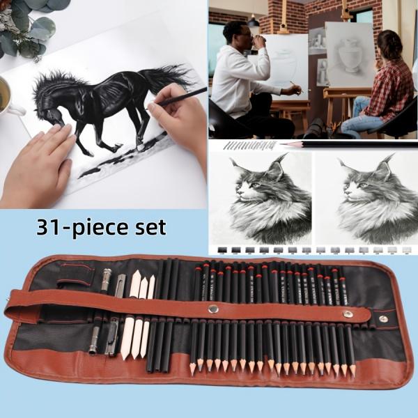 Pencil Set Drawing and Sketching Materials, Artist Painting, Art Supplies with Sketching Pencils Graphite and Charcoal for Adult Professionals, 31 Pieces zipper case pretty gift