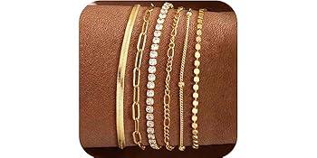 Waterproof Women's Bracelet Set - Trendy Dainty Jewelry Fashion Stackable Tennis Beaded Figaro Herringbone Paperclip Link Bracelet Pack