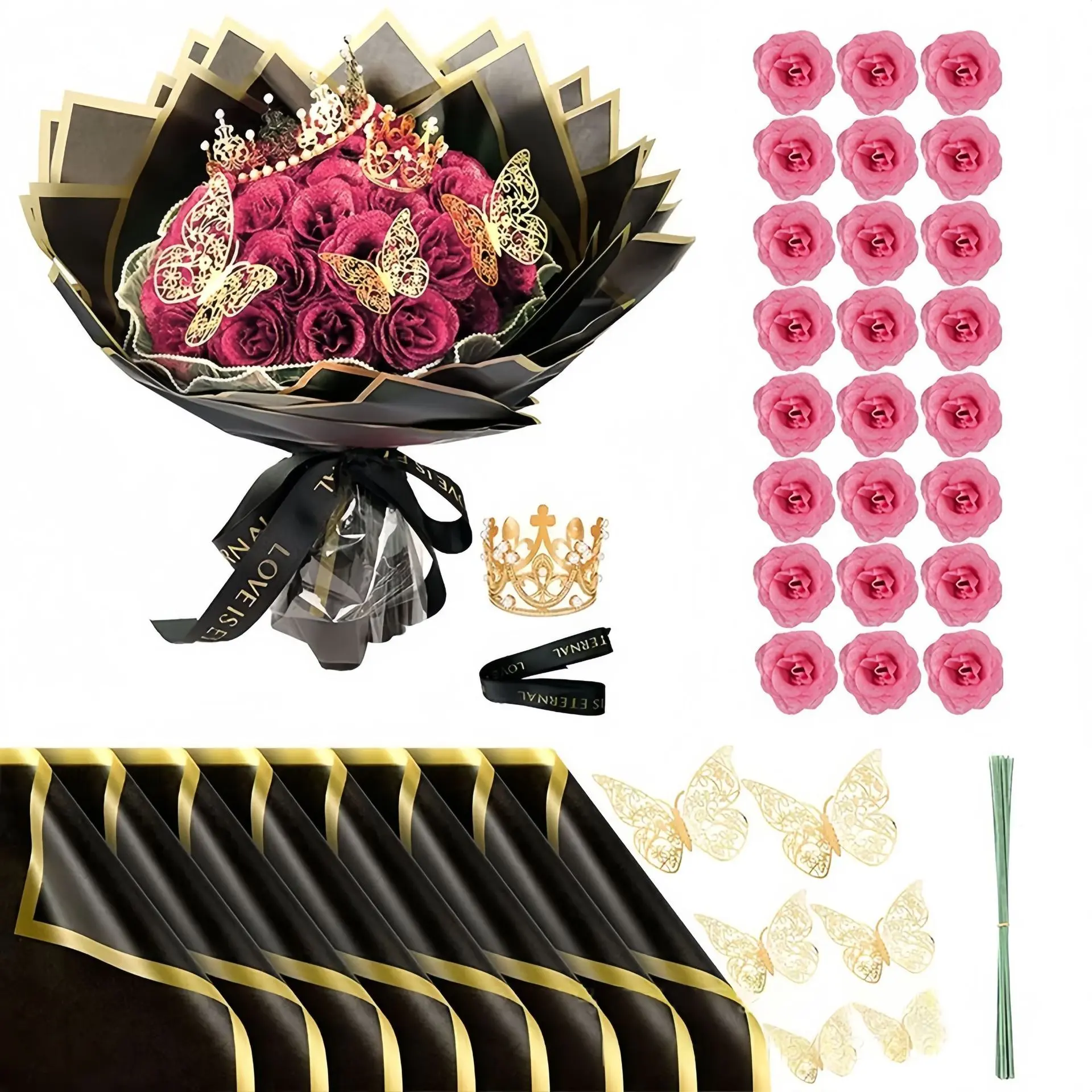 Feminine Pink/Red 24-Pcs Glitter Roses Bouquet, Decorative Eternal Flower Arrangement with Box - Bouquet Flowers for Mum, Home Decor Gifts for Mother's Day