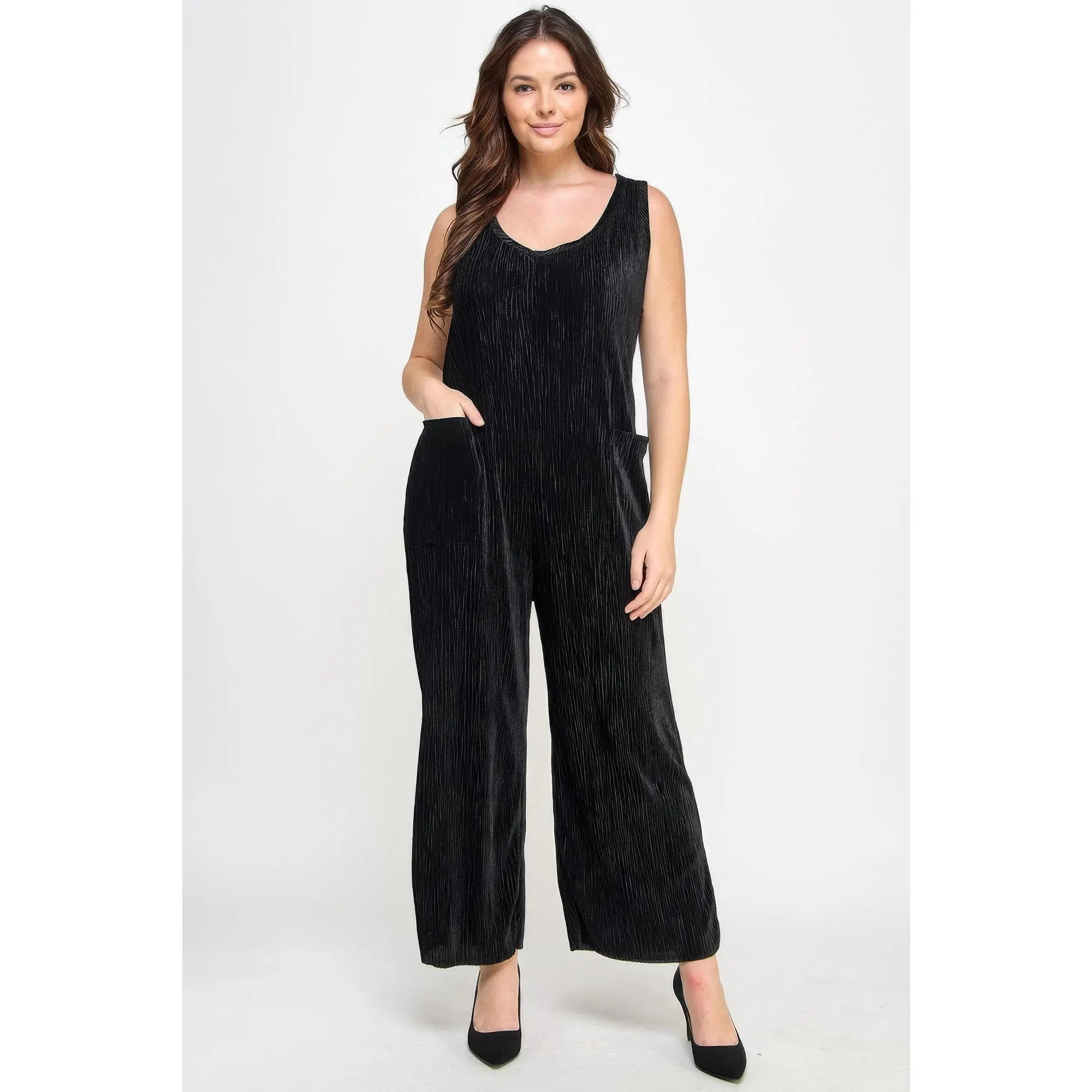 Women's Soft Knit Viscose Blend Plisse Ribbed Long-Sleeve Overall Jumpsuit - Sweater-Inspired Top, Fit Design, Shimmer, Breathable Elegant Fabric, Dressy Casual Wear, Everyday, Faux Pearl Embellishments, Ribbed Edges, Rhinestones, Plus Sizes, Ribbed Cuffs