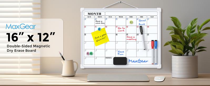 MaxGear 16"x12" Double-Sided Monthly Calendar Dry Erase Board for Wall Hanging Whiteboard with 3 Markers & 4 Magnets Portable for Students Planning Drawing Memo To-Do List