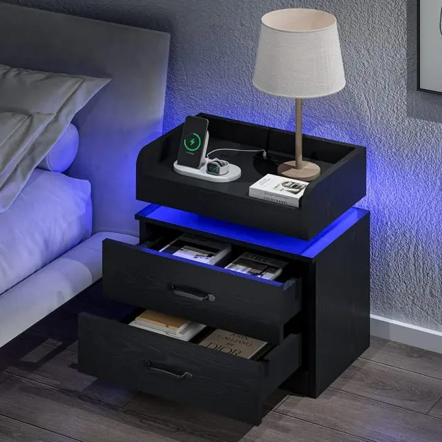 [SummerSale] HOMBCK LED Nightstand with Charging Station, Modern Black Night Stand  Storage Drawers, End Side Table for Living Room #home essentials#back to school Black Wood Nightstand Nightstand Bedside Table Bed Side Tables Smart Nightstand