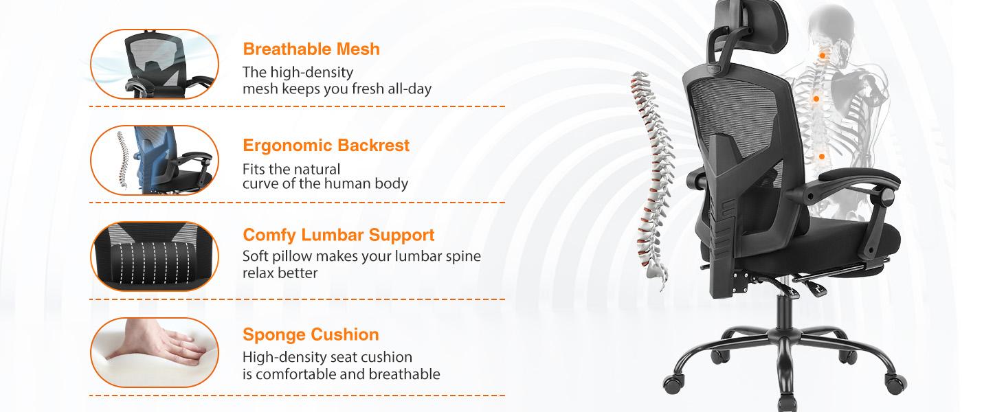 Ergonomic Office Chair, High Back Computer Mesh Swivel Rolling Desk Chair with Adjustable Headrest (Optional with/without Footrest)