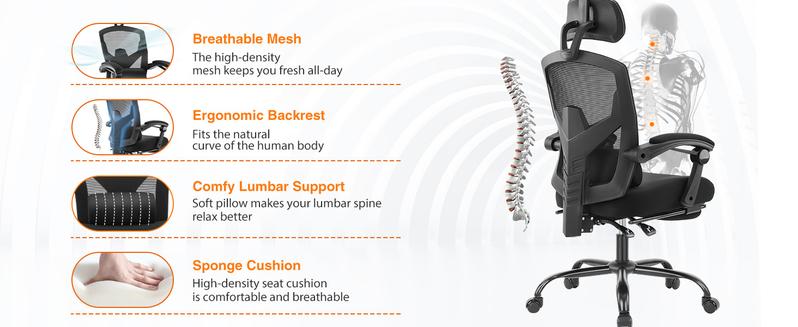 Ergonomic Office Chair, High Back Computer Mesh Swivel Rolling Desk Chair with Adjustable Headrest (Optional with/without Footrest)