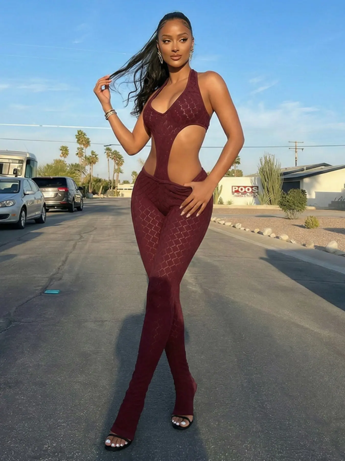Women's Halter Backless Cut Out Top & Mid Waist Flare Jumpsuit, Fashion Chic Strappy Design, Daily Wear Versatile and Stylish, Fit, Womenswear