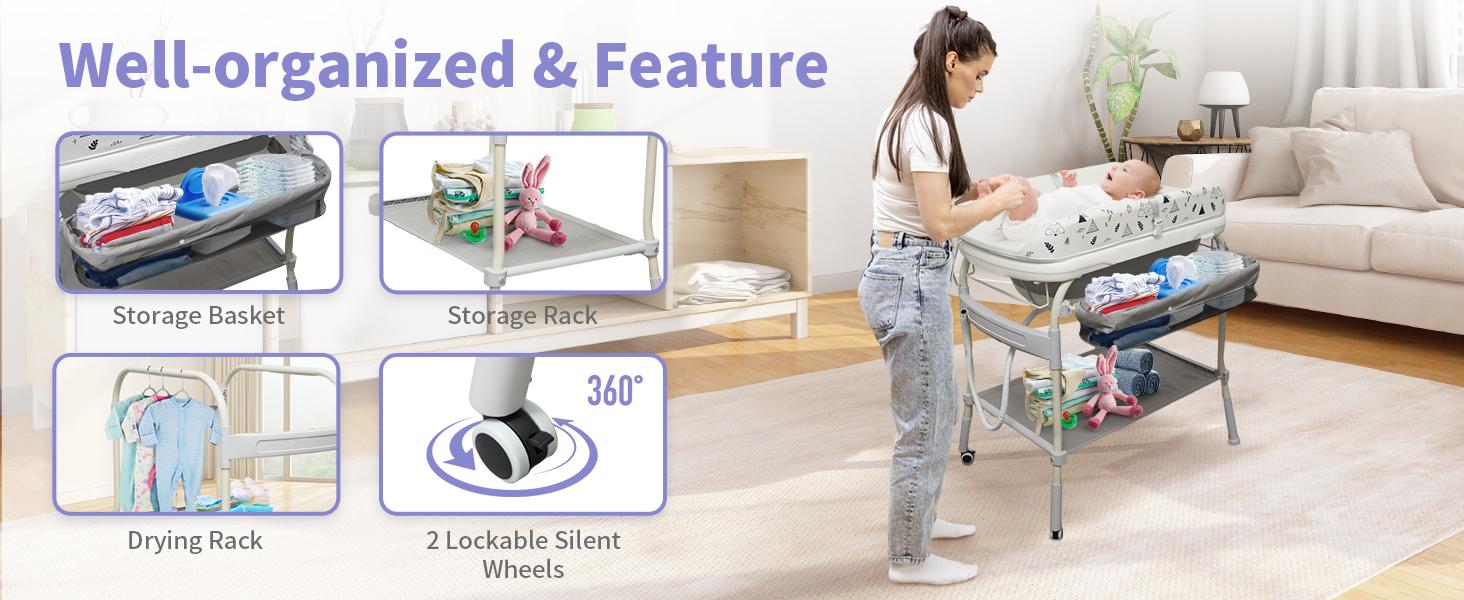 2in1 Baby Bathtub with Changing TableWaterproof Portable Diaper Changing Station, Adjustable Height Organizer with Storage for Newborns&Toddlers