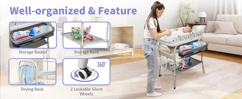 2in1 Baby Bathtub with Changing TableWaterproof Portable Diaper Changing Station, Adjustable Height Organizer with Storage for Newborns&Toddlers
