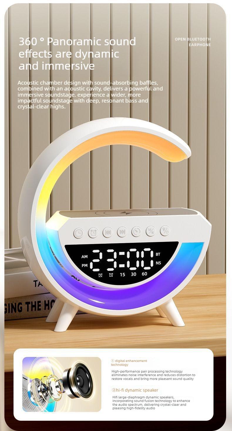 Multifunctional Atmosphere Night Light with Bluetooth Speaker Alarm Clock & Wireless Charger for Bedroom Bedside Speaker Ideal for Students Men