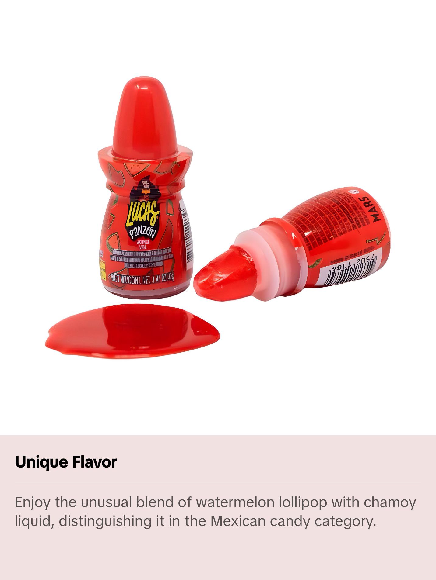 Lucas Panzon Watermelon Flavored Lollipop Candy with Chamoy Liquid (10 Count), Sweet, Savory, Mexican Candy, Dulces Mexicanos Snack Candies Tangy