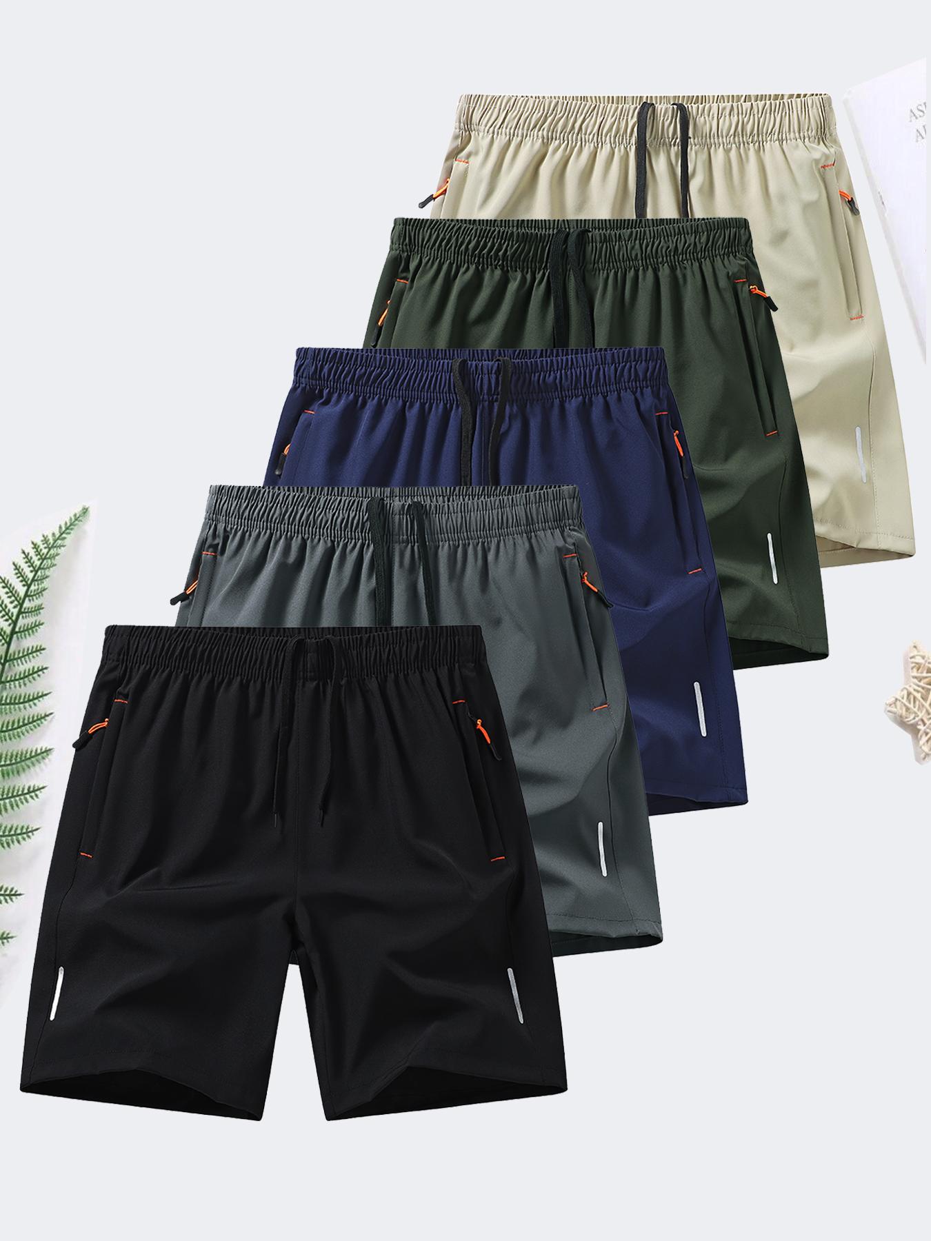 6-piece set, men's zipper pocket shorts, summer ice silk beach shorts, ice-sense quick-dry sports casual pants, basketball shorts thin, plus-size men's clothing reflective strip design, Menswear,Plain Trouser,suitable for running and fitness. Beige