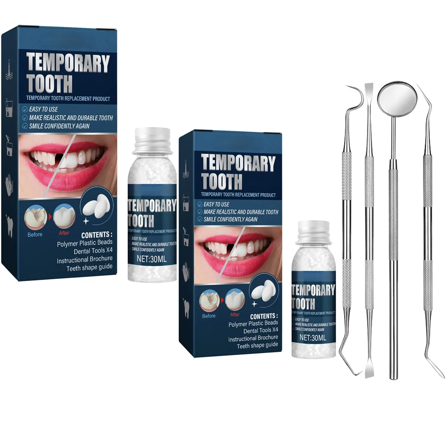 2 Pack Tooth Repair kit with 4 Dental Tools, Tooth Filling Repair The Missing Teeth, Dental Care Kit Fixing Broken Teeth, Save Smile Cause Bad Teeth and Smile Confidently Again