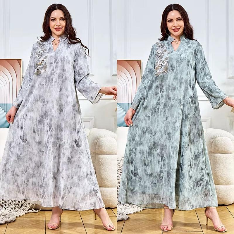 Luxury Marble-Style Abaya Dress | Loose Fit, Rhinestone Detail, Modest Long Sleeve