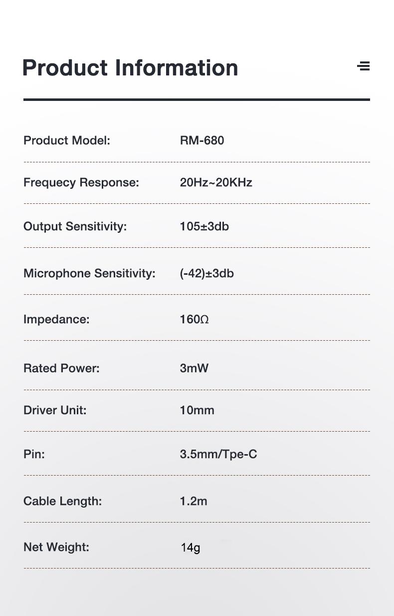 Aolon RM680 Wired Headphones with HiFi sound, 3.5mm and Type-C connectors, music earbuds, sports headphones, stereo gaming headset with HD microphone.