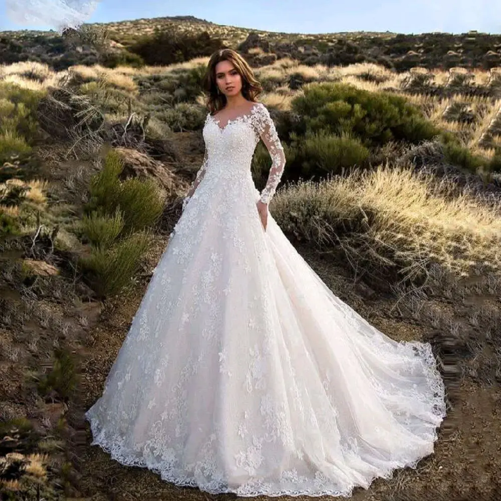 Women's Elegant Long-Sleeve Illusion Lace Ball Gown Wedding Dress with Train