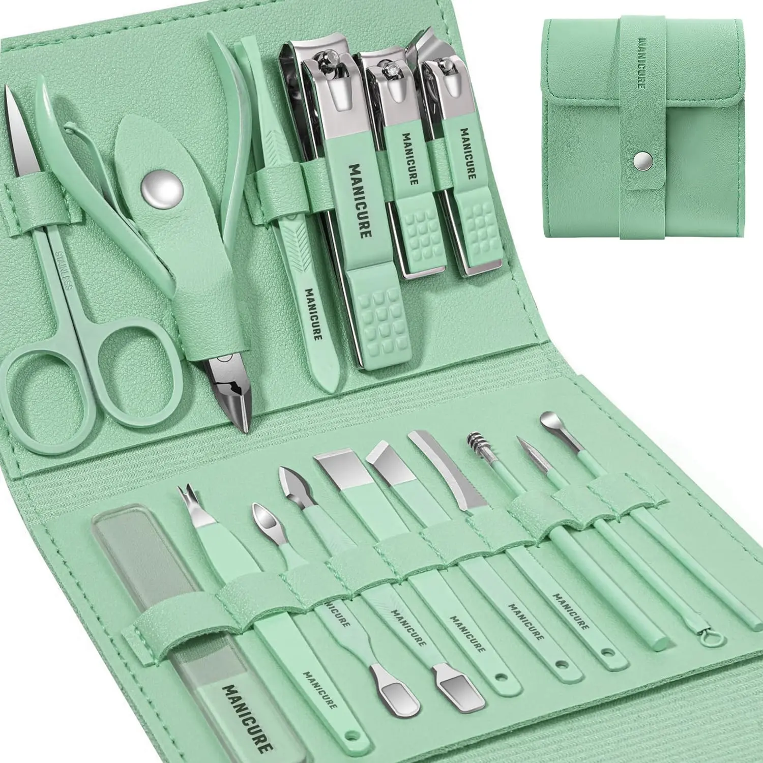 16pcs Professional Nail Care Manicure Set – Stainless Steel Tools with Compact Case | Includes Cuticle Pusher, Callus Remover, Nipper & More | Household Essential & Perfect Gift for Family, Wife & Friends | Forest Green Storage Smooth Daily Glove tiktoksh