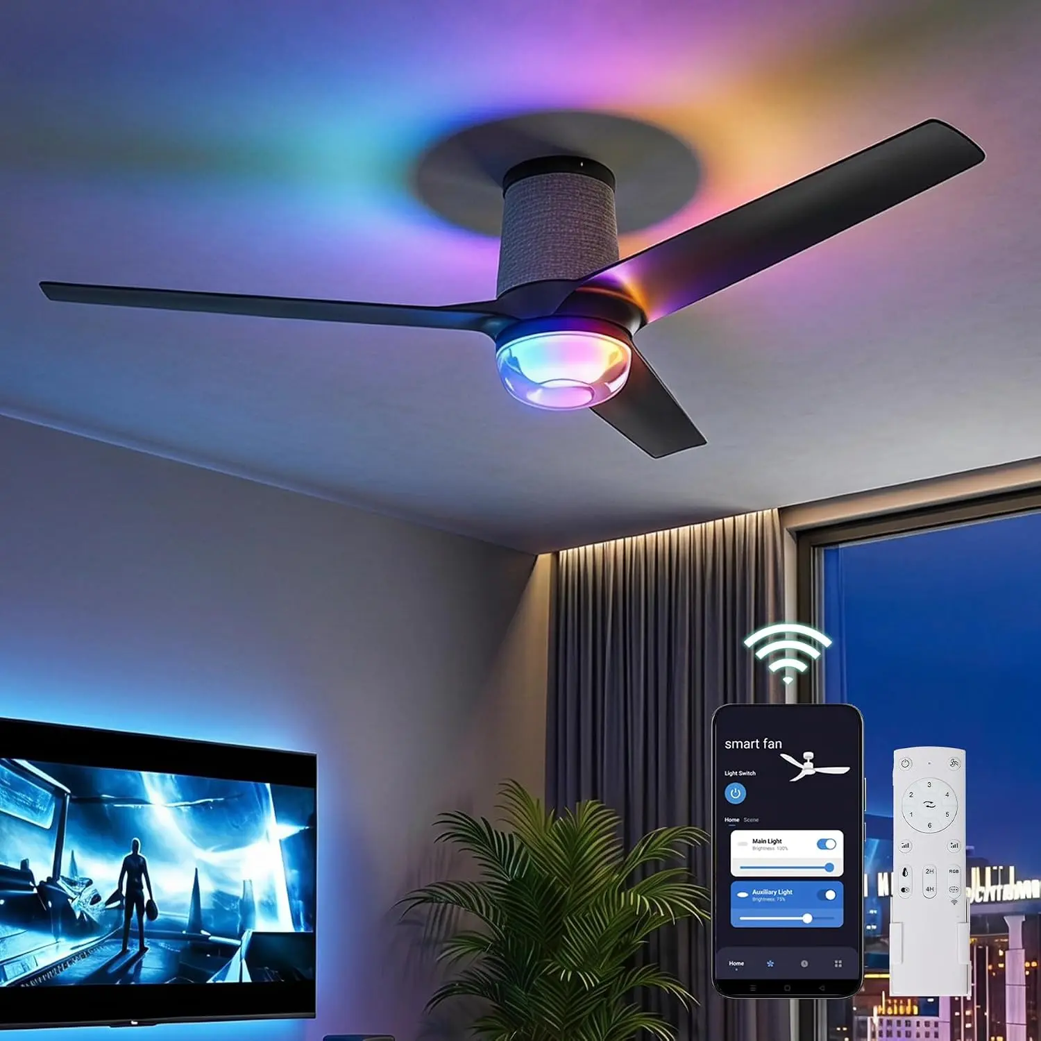 Tribesigns 52 Inch Ceiling Fan with RGB Light - 44 Dynamic Colors via App, Low Profile, Stepless Dimming 3CCT, Quiet 6-Speed Reversible DC Motor for Living Room, Game Room and Party homeessentials