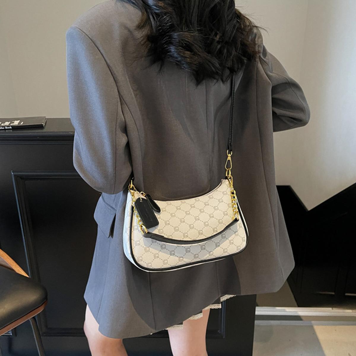 Women's PU Leather Crescent Shoulder Bag Sling with Print Letter Pattern Compact Underarm Purse for Daily Use