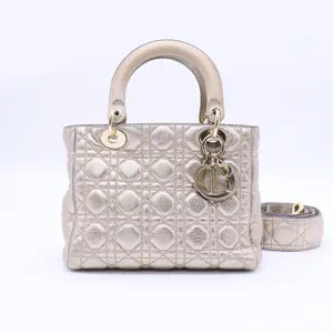 Pre-owned Dior Leather Tote Bags Christian Metallic Nubuck Cannage Medium Lady Bronze Gold Twins