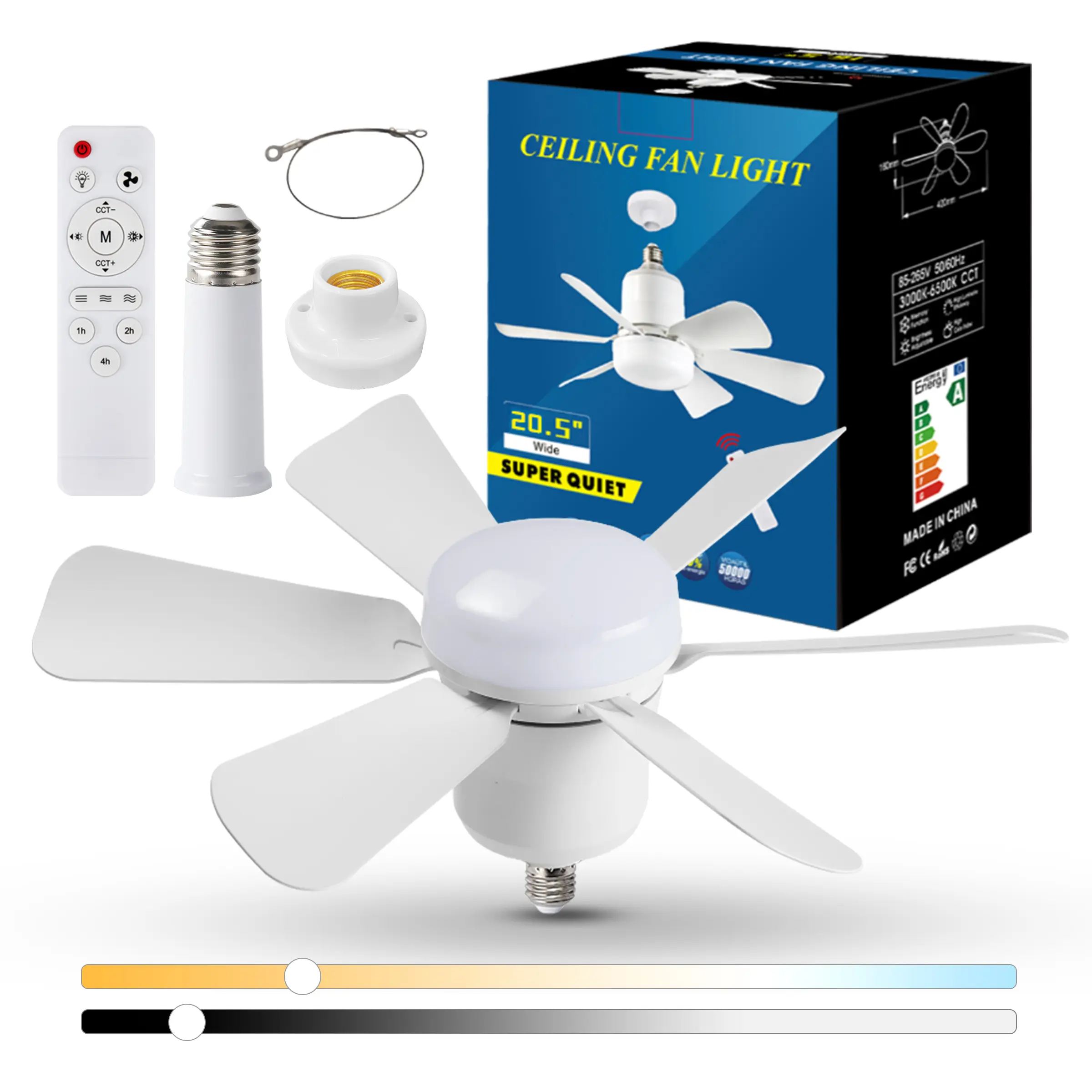 E27 Socket Ceiling Fan with Ceiling Lighting, 30W LED Bulb, Safety Rope, Silent 3-Speed Remote Control, Energy-Saving, Dimmable Memory Mode, Indoor Powerful Room Circ, Bedroom Quiet Fan for Household Use