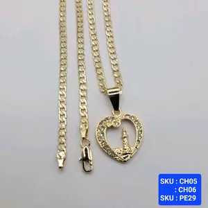 Heart with Lighthouse Pendant Clear Stones Cuban Link Style Diamont Cut 24 & 18 Inches Chains 4mm Laminated Gold Finish Jewelry SKU CH05 CH06 PE29