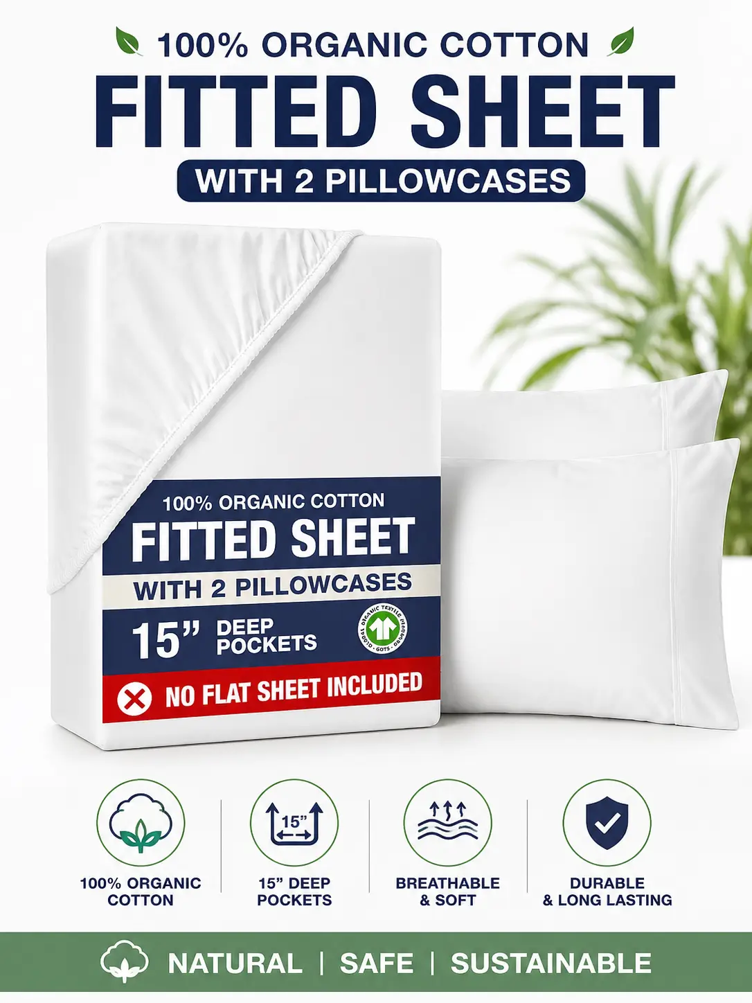 LANE LINEN Fitted Sheet, 100% Organic Cotton, Percale Weave, Ultra Soft, Breathable,Fits Mattress Up to 15" Deep, Perfect Fit, Organic Cotton Sheet Set